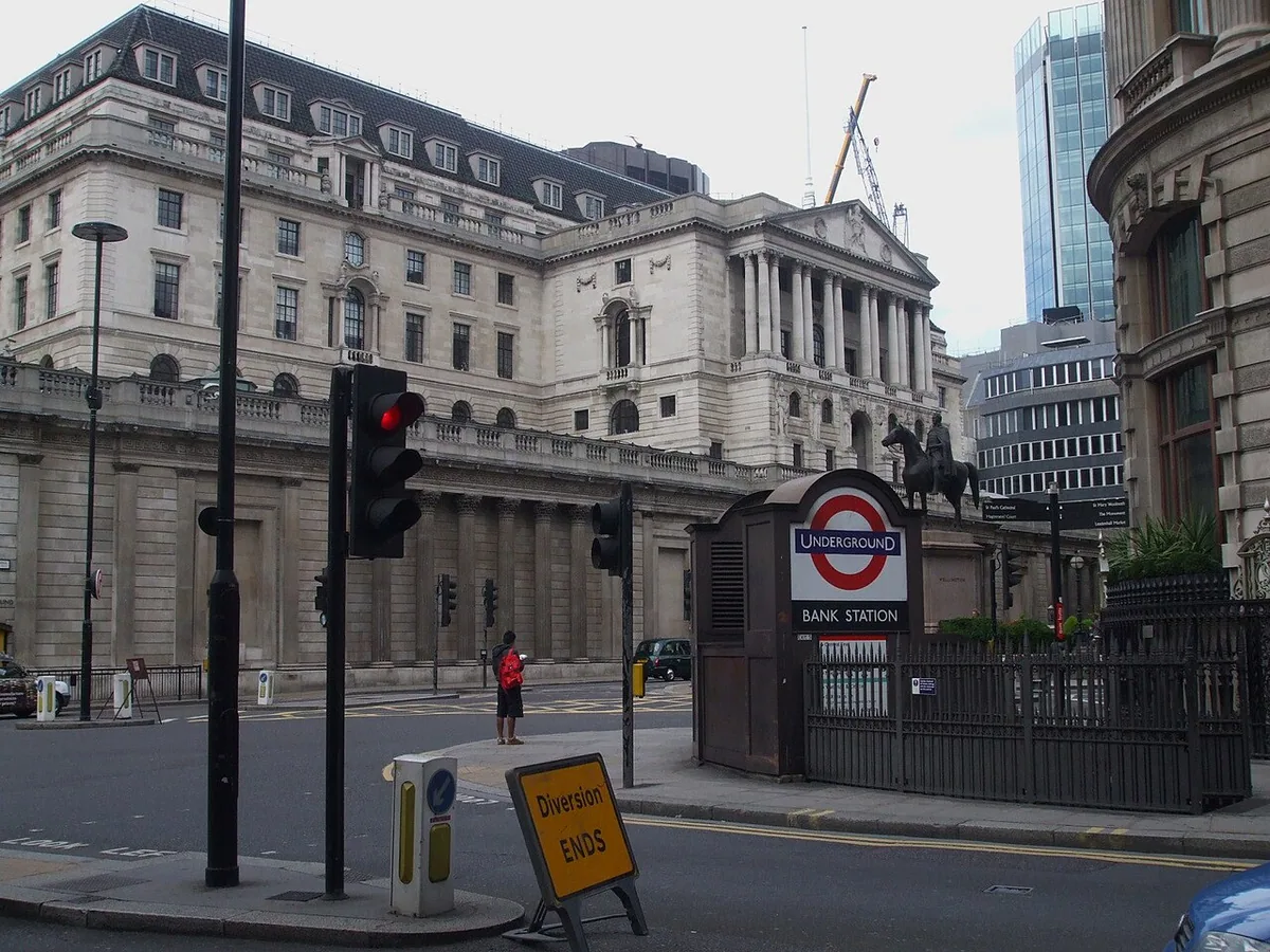 One of several Bank tube station subway entrances, looking towards the Bank of England itself.