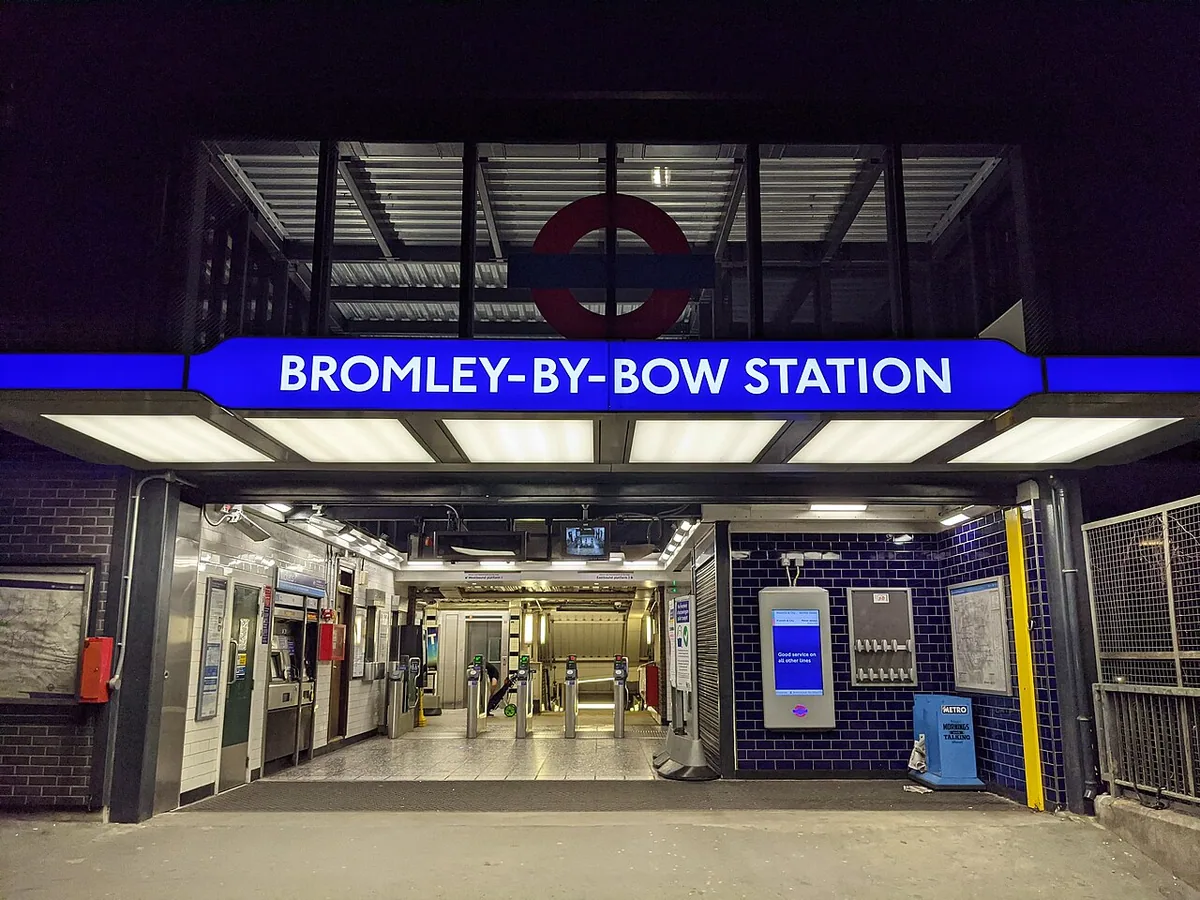This image is the redeveloped Bromley-by-Bow station with the top of one of the new lifts installed in 2018.