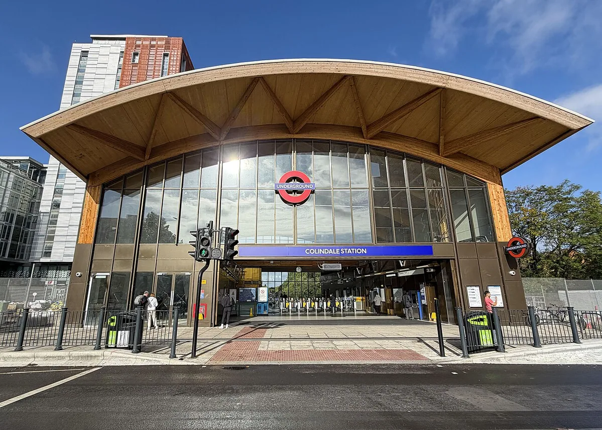 Colindale Underground station in north London, opened in 1924 on what is now the Northern line. Its new timber-roofed entrance opened in December 2025, providing step-free access t