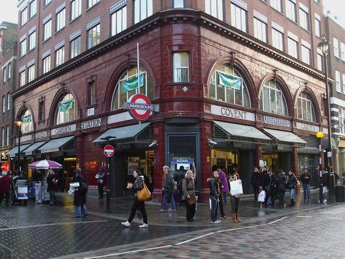 Covent Garden tube station, with entrance to the right, exit to the left