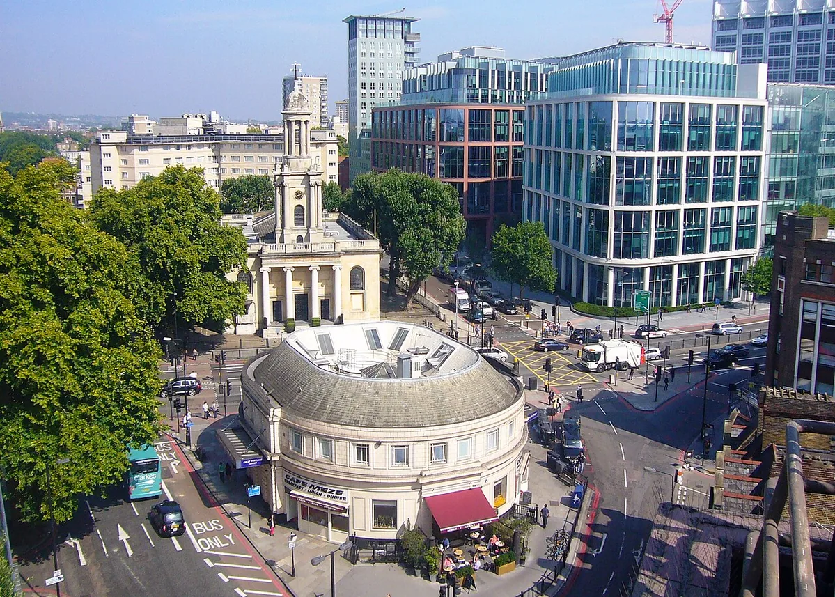 View of Great Portland Street Underground Station seen from high level on Great Portland Street.