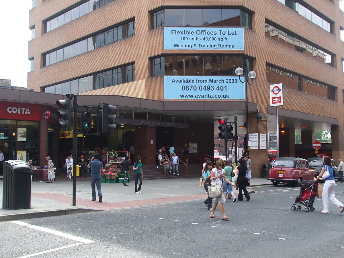 Harrow-on-the-Hill station entrance opposite the shopping centre in Harrow town centre