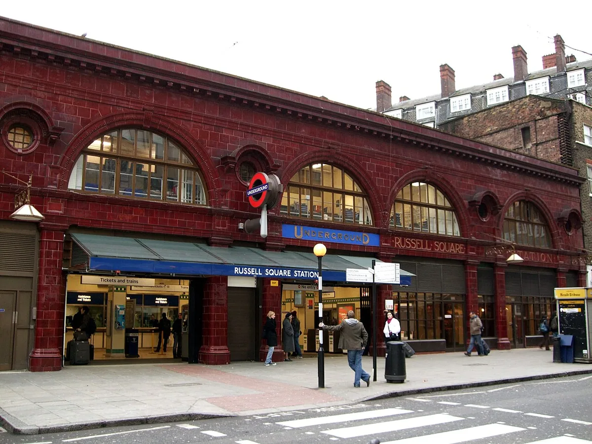 The glorious red-tiled frontage of Russell Square station on the Piccadilly line