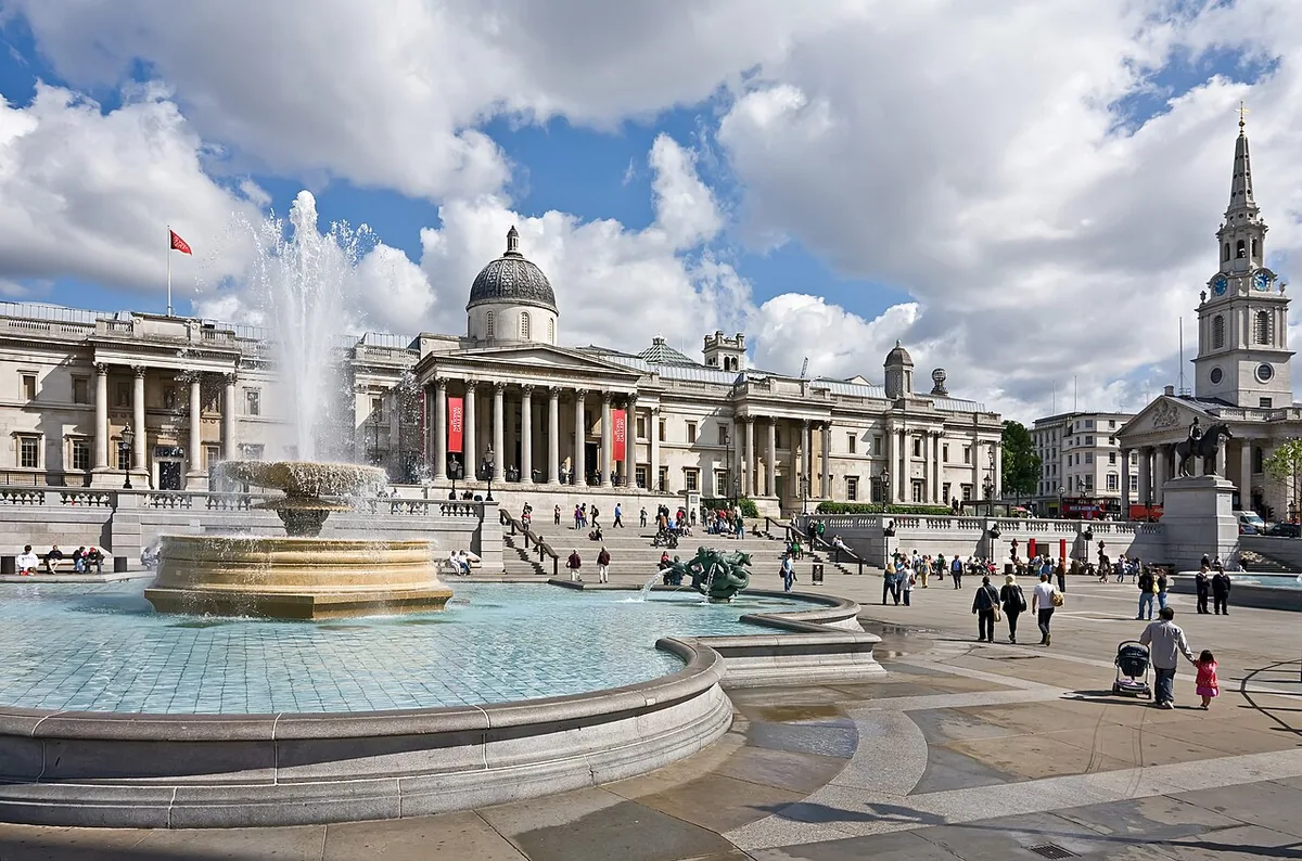 A perspective corrected image of Trafalgar Square in London, England. Taken by me with a Canon 5D and 17-40mm f/4L lens.