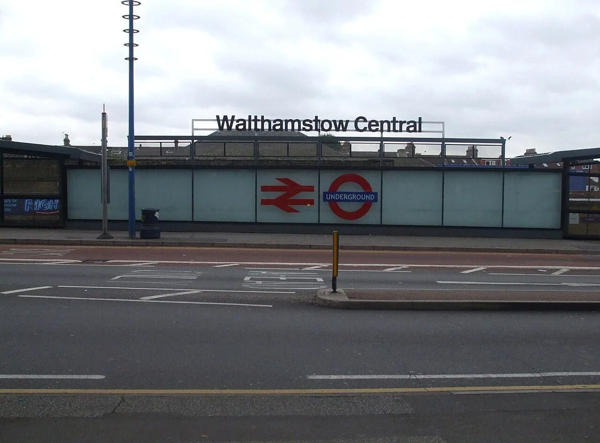 Walthamstow Central station newer entrance on the mainline down (Chingford-bound) side. Staircases are located at either end of this structure.