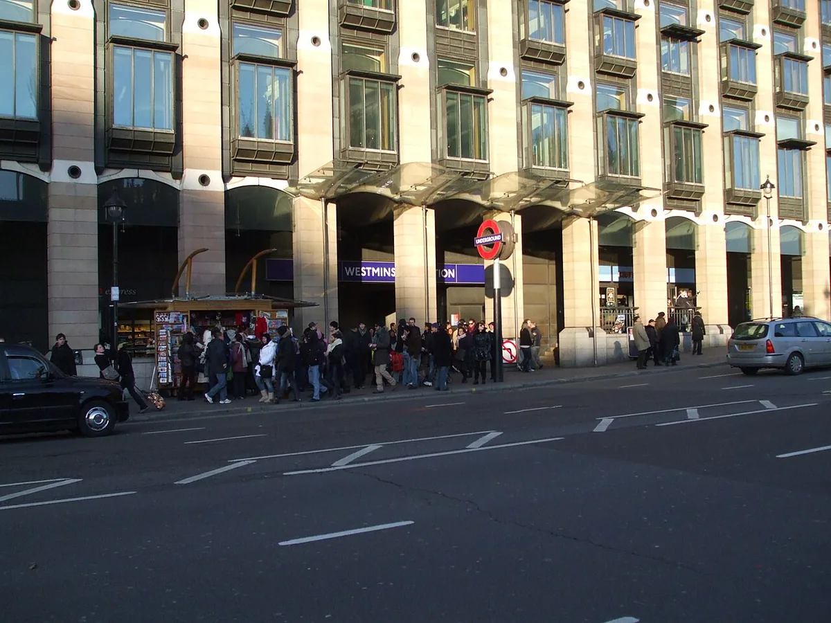 Westminster tube station entrance in the base of Portcullis House, used as Parliamentary offices.